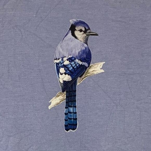 Upcycled Hand Printed Womens Small Blue Jay Bird Long Sleeve Sweatshirt - Picture 2 of 5
